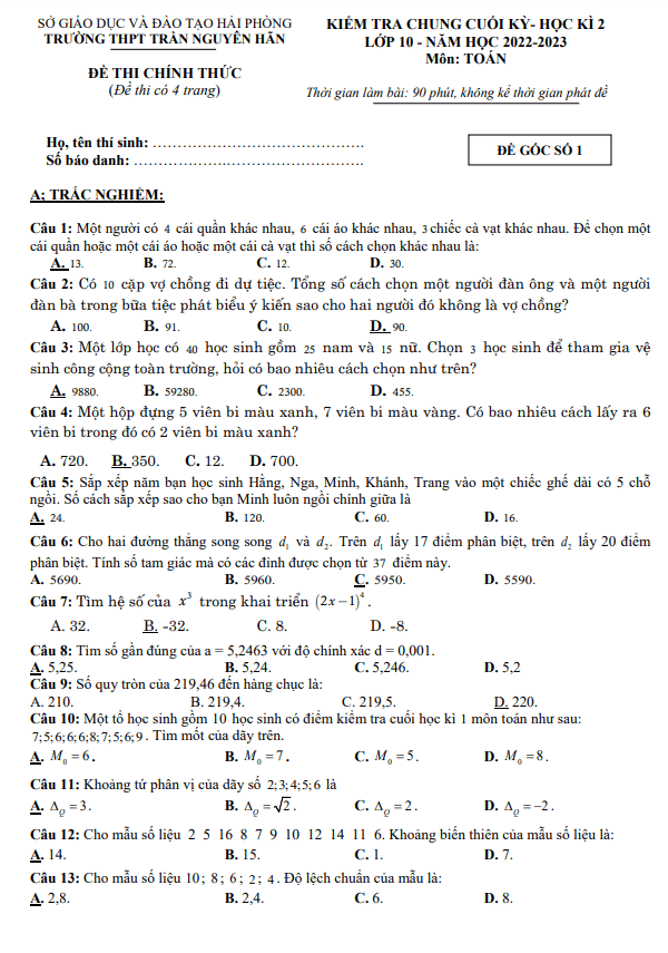 de cuoi hoc ki 2 hk2 lop 10 mon toan nam 2022 2023 truong thpt tran nguyen han hai phong d