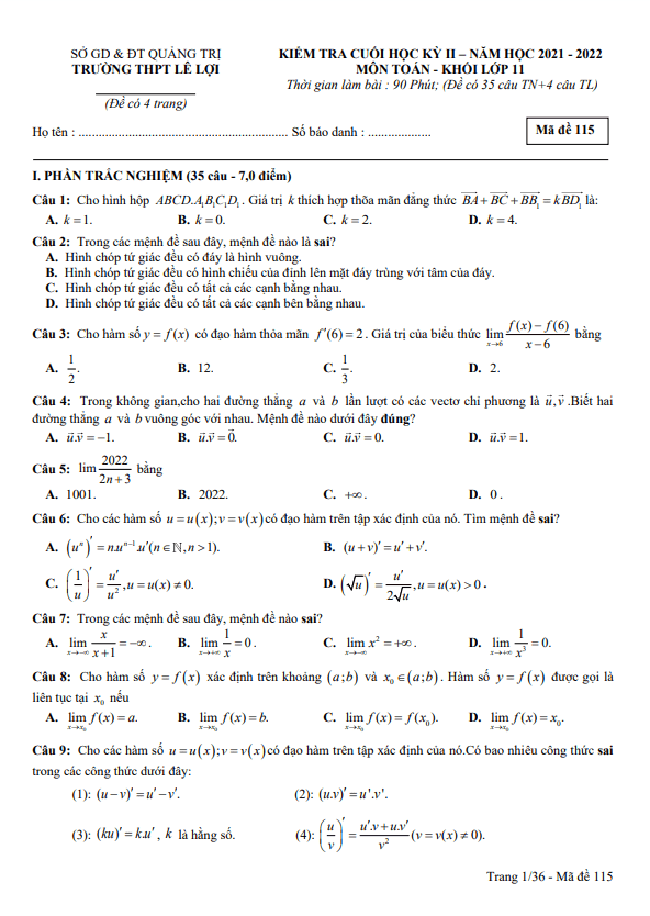 de cuoi hoc ki 2 hk2 lop 11 mon toan nam 2021 2022 truong thpt le loi quang tri d