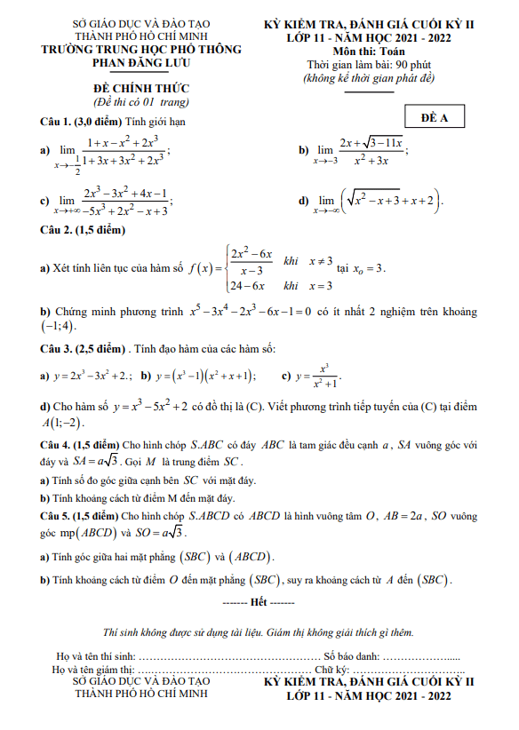 de cuoi hoc ki 2 hk2 lop 11 mon toan nam 2021 2022 truong thpt phan dang luu tp hcm d