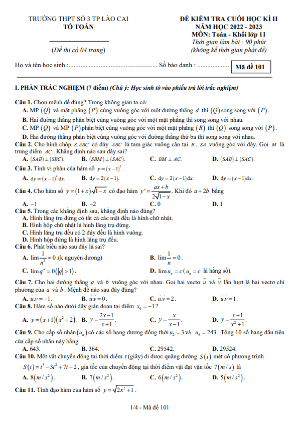 de cuoi hoc ki 2 hk2 lop 11 mon toan nam 2022 2023 truong thpt so 3 tp lao cai d