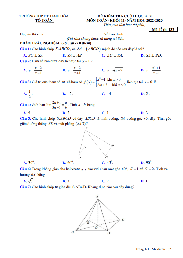 de cuoi hoc ki 2 hk2 lop 11 mon toan nam 2022 2023 truong thpt thanh hoa binh phuoc d