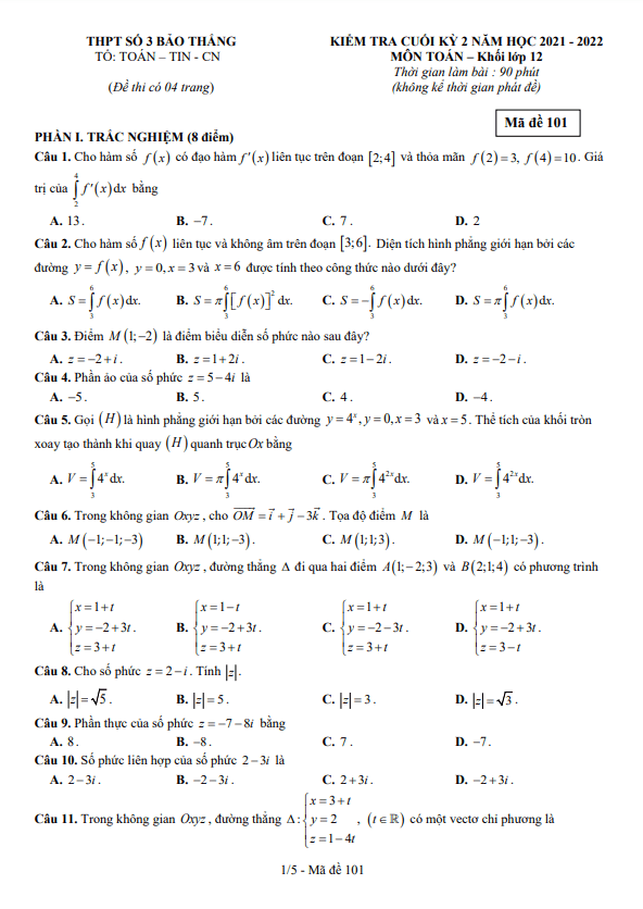 de cuoi hoc ki 2 hk2 lop 12 mon toan nam 2021 2022 truong thpt bao thang 3 lao cai d