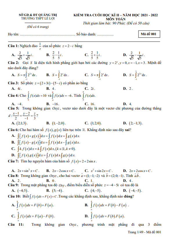 de cuoi hoc ki 2 hk2 lop 12 mon toan nam 2021 2022 truong thpt le loi quang tri d