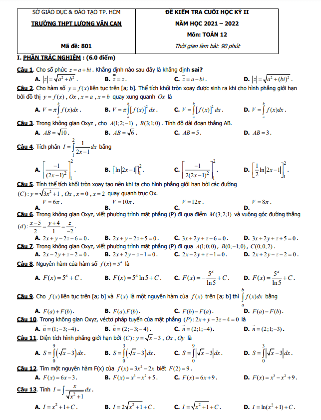 de cuoi hoc ki 2 hk2 lop 12 mon toan nam 2021 2022 truong thpt luong van can tp hcm d