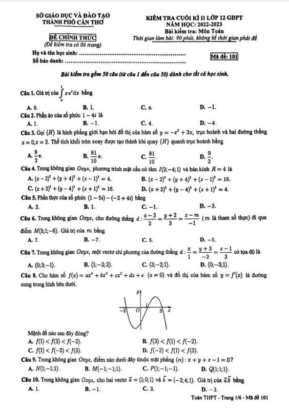 Đề cuối học kì 2 (HK2) lớp 12 môn Toán năm 2022 2023 sở GD ĐT thành phố Cần Thơ 3 de cuoi hoc ki 2 hk2 lop 12 mon toan nam 2022 2023 so gd dt thanh pho can tho d