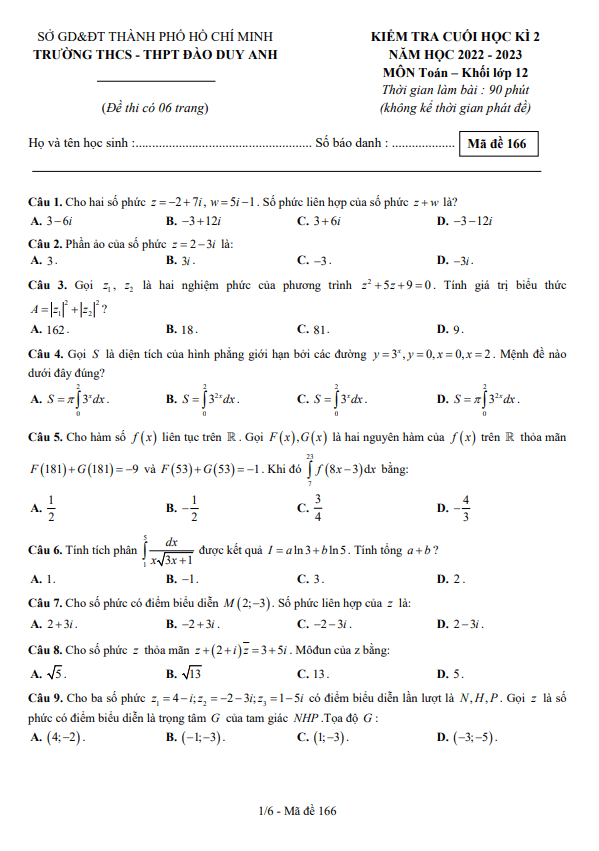 Đề cuối học kì 2 (HK2) lớp 12 môn Toán năm 2022 2023 trường Đào Duy Anh TP HCM 3 de cuoi hoc ki 2 hk2 lop 12 mon toan nam 2022 2023 truong dao duy anh tp hcm d