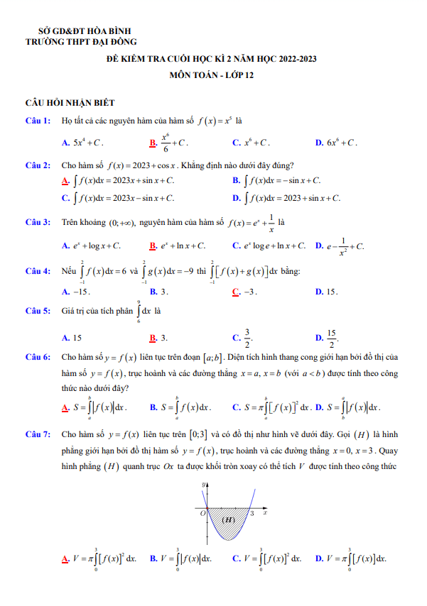 Đề cuối học kì 2 (HK2) lớp 12 môn Toán năm 2022 2023 trường THPT Đại Đồng Hòa Bình 7 de cuoi hoc ki 2 hk2 lop 12 mon toan nam 2022 2023 truong thpt dai dong hoa binh d