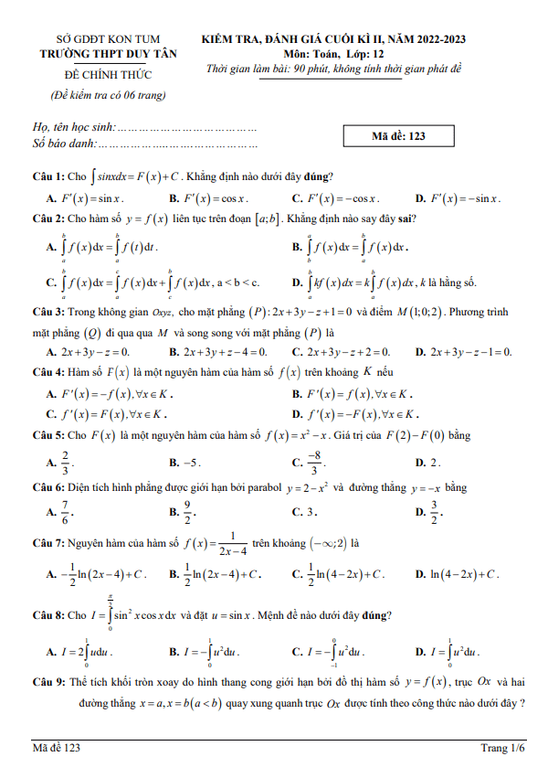 de cuoi hoc ki 2 hk2 lop 12 mon toan nam 2022 2023 truong thpt duy tan kon tum d