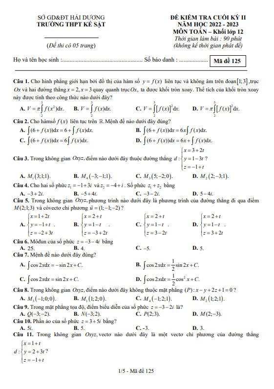 de cuoi hoc ki 2 hk2 lop 12 mon toan nam 2022 2023 truong thpt ke sat hai duong d