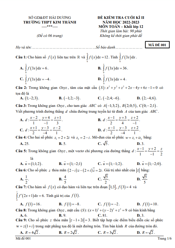 de cuoi hoc ki 2 hk2 lop 12 mon toan nam 2022 2023 truong thpt kim thanh hai duong d