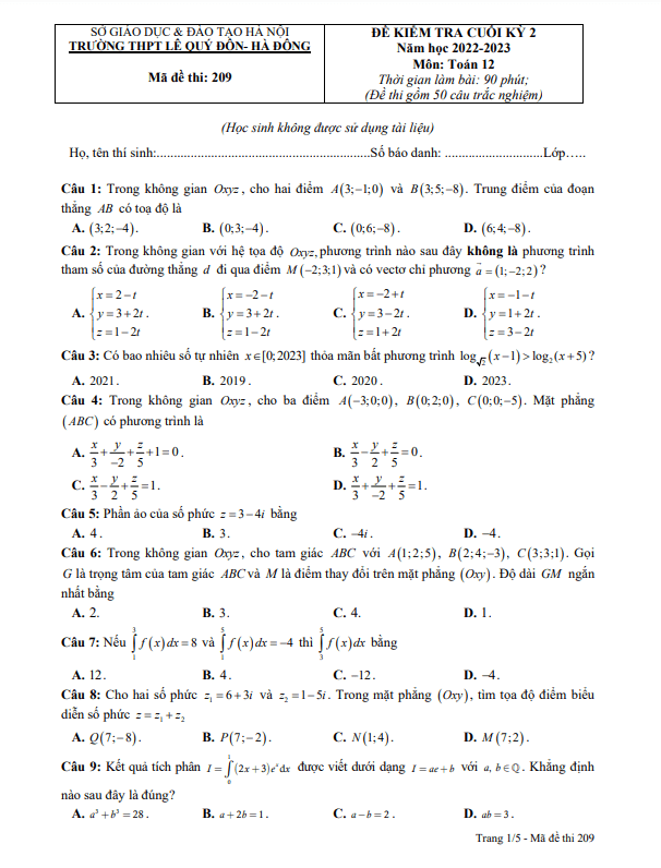 Đề cuối học kì 2 (HK2) lớp 12 môn Toán năm 2022 2023 trường THPT Lê Quý Đôn Hà Nội 2 de cuoi hoc ki 2 hk2 lop 12 mon toan nam 2022 2023 truong thpt le quy don ha noi d
