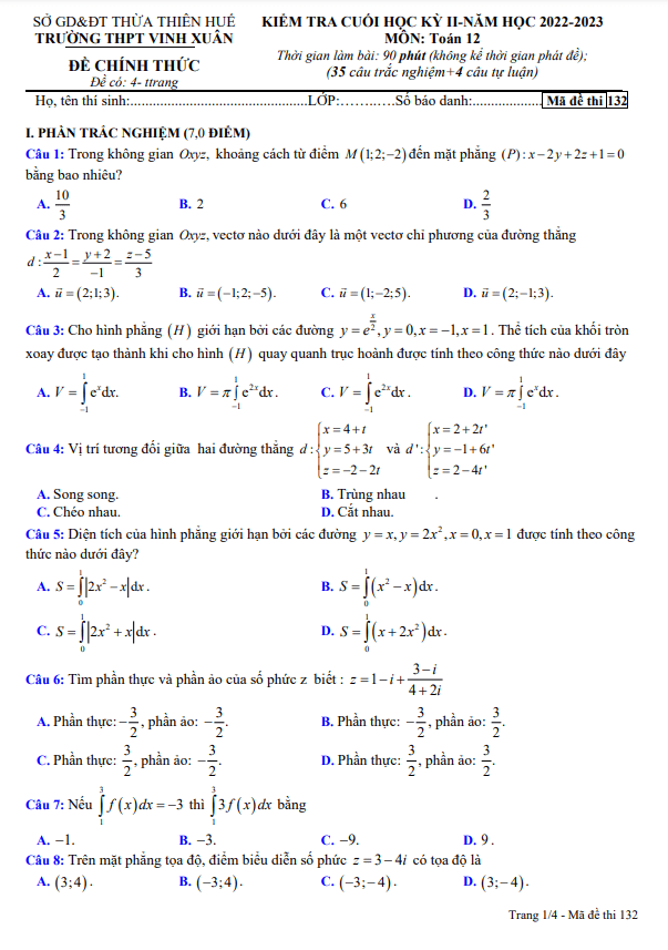 de cuoi hoc ki 2 hk2 lop 12 mon toan nam 2022 2023 truong thpt vinh xuan tt hue d