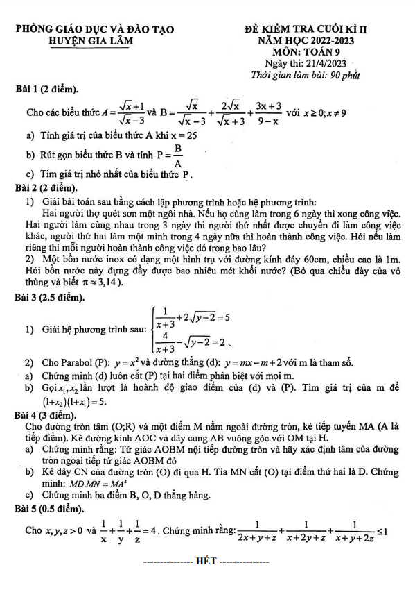 de cuoi hoc ki 2 hk2 lop 9 mon toan nam 2022 2023 phong gd dt gia lam ha noi d