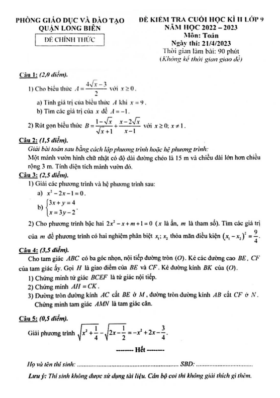 de cuoi hoc ki 2 hk2 lop 9 mon toan nam 2022 2023 phong gd dt long bien ha noi d