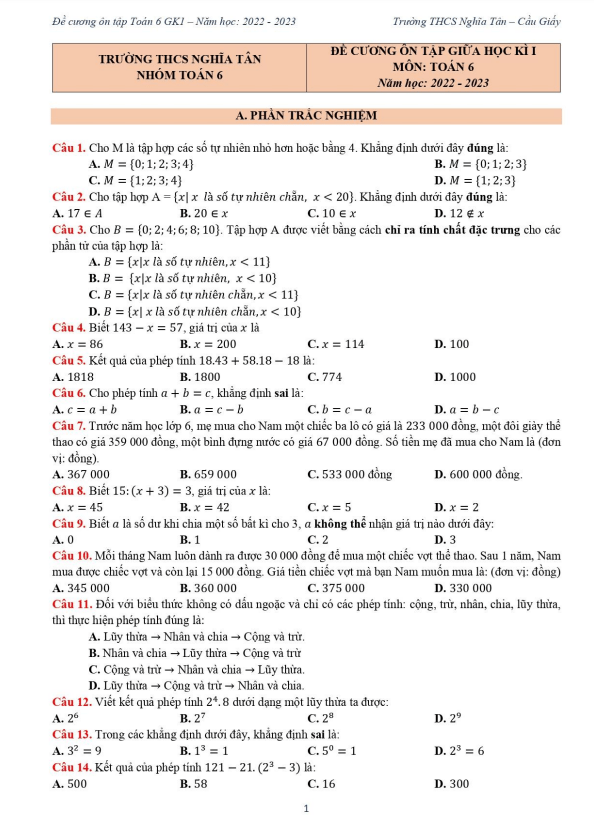 de cuong giua hoc ki 1 hk1 lop 6 mon toan nam 2022 2023 truong thcs nghia tan ha noi d