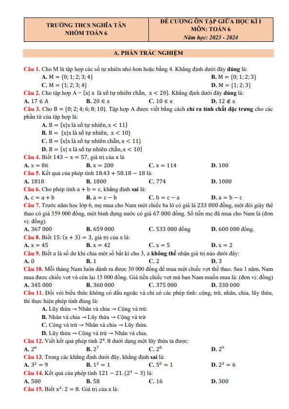 Đề cương giữa học kì 1 (HK1) lớp 6 môn Toán năm 2023 2024 trường THCS Nghĩa Tân Hà Nội 6 de cuong giua hoc ki 1 hk1 lop 6 mon toan nam 2023 2024 truong thcs nghia tan ha noi d