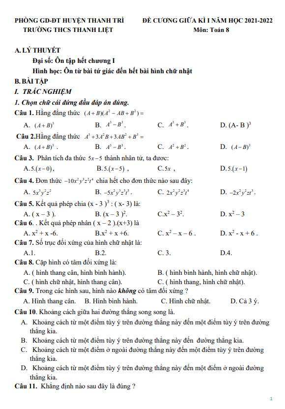 de cuong giua hoc ki 1 hk1 lop 8 mon toan nam 2021 2022 truong thcs thanh liet ha noi d