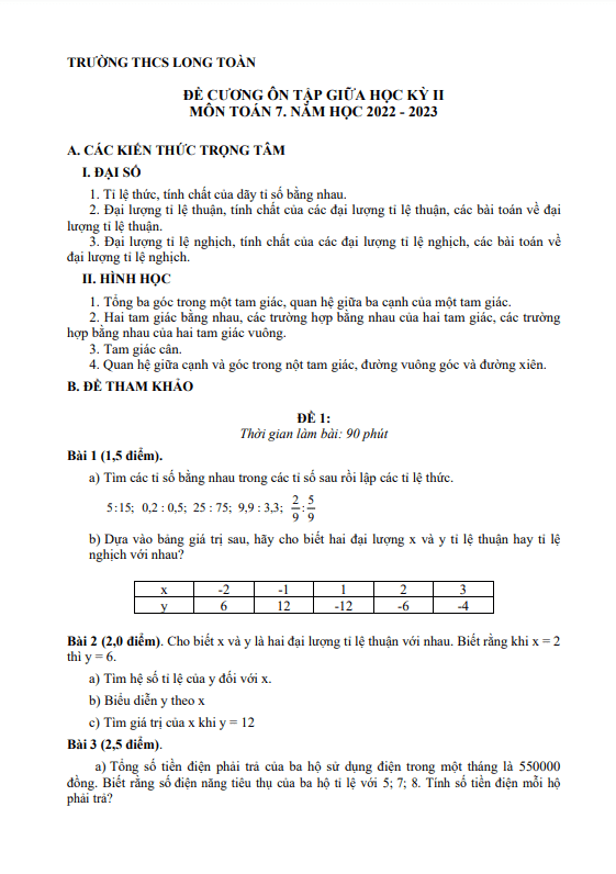 de cuong giua hoc ki 2 hk2 lop 7 mon toan nam 2022 2023 truong thcs long toan br vt d