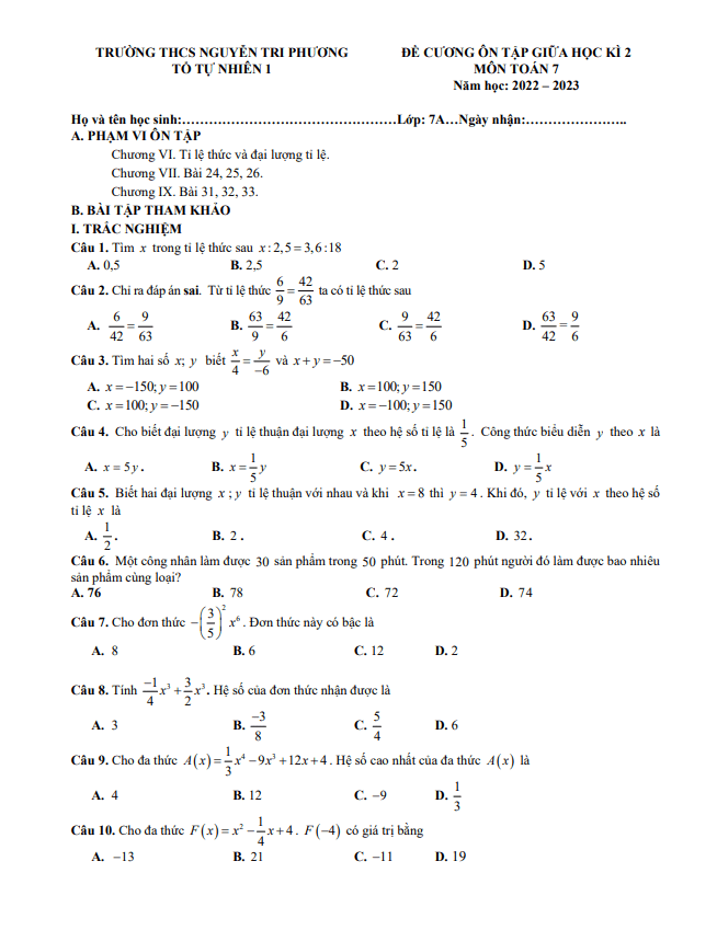 de cuong giua hoc ki 2 hk2 lop 7 mon toan nam 2022 2023 truong thcs nguyen tri phuong ha noi d