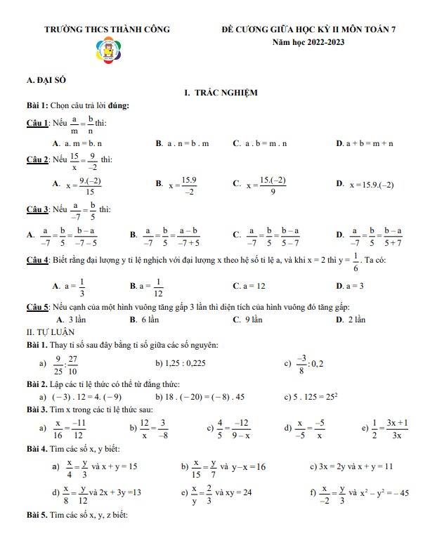 de cuong giua hoc ki 2 hk2 lop 7 mon toan nam 2022 2023 truong thcs thanh cong ha noi d