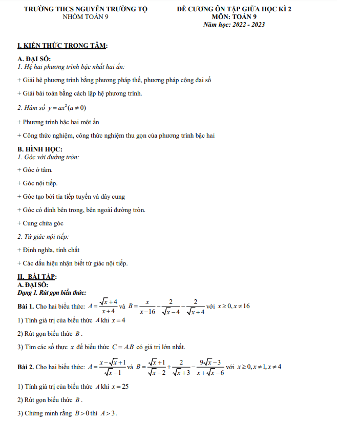 de cuong giua hoc ki 2 hk2 lop 9 mon toan nam 2022 2023 truong thcs nguyen truong to ha noi d