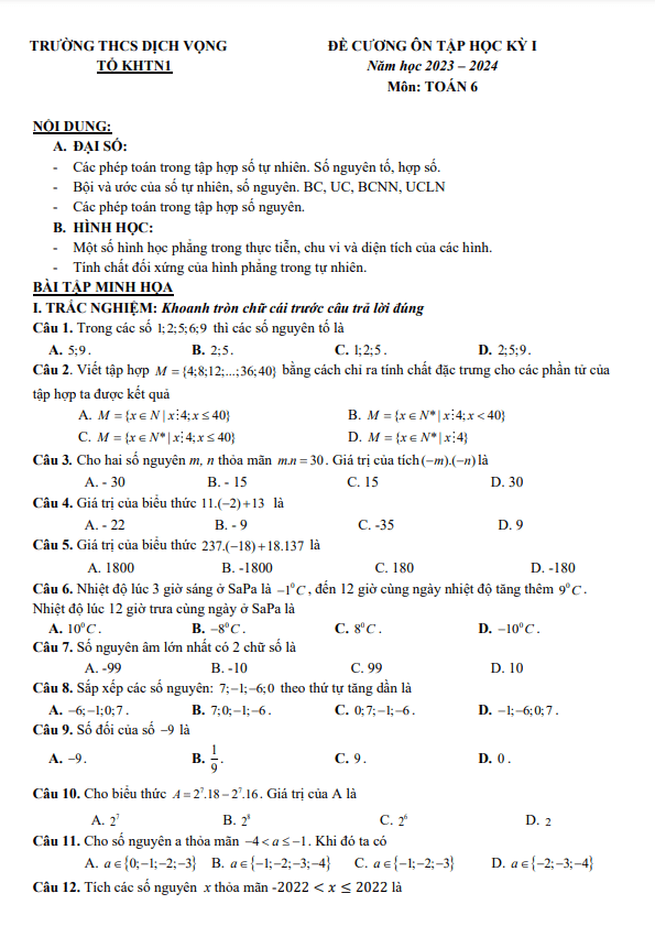 de cuong hoc ki 1 hk1 lop 6 mon toan nam 2023 2024 truong thcs dich vong ha noi d