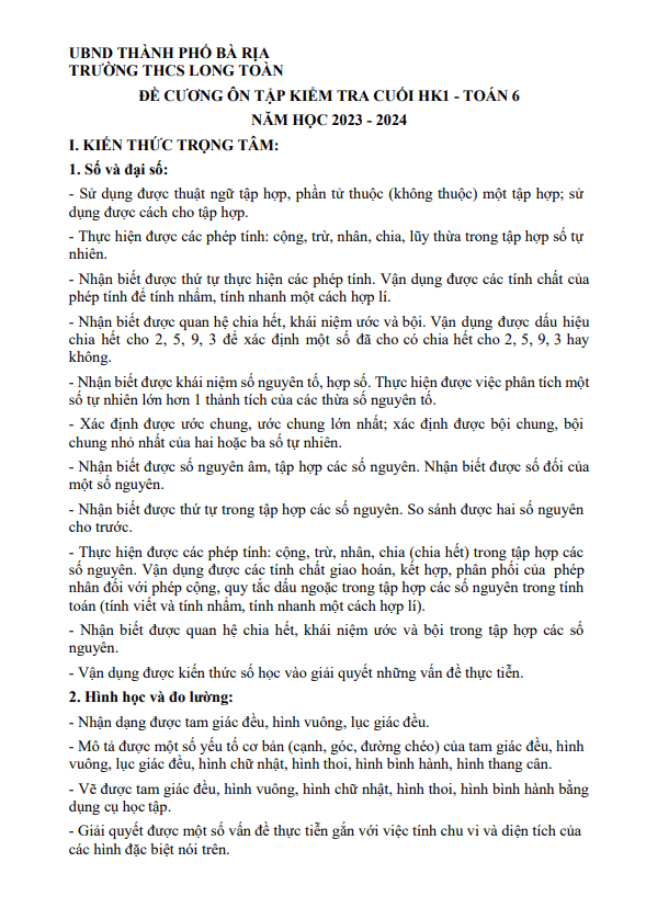 de cuong lop 6 mon toan hoc ki 1 hk1 nam 2023 2024 truong thcs long toan br vt d