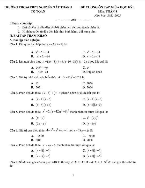 de cuong lop 8 mon toan giua hoc ki 1 hk1 nam 2022 2023 truong nguyen tat thanh ha noi d