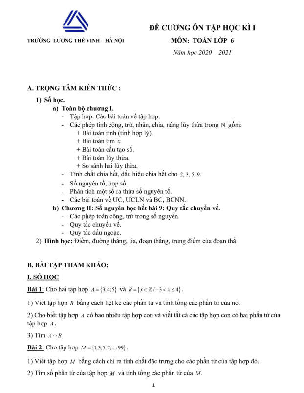 de cuong on tap hoc ki 1 hk1 lop 6 mon toan nam 2020 2021 truong luong the vinh ha noi d