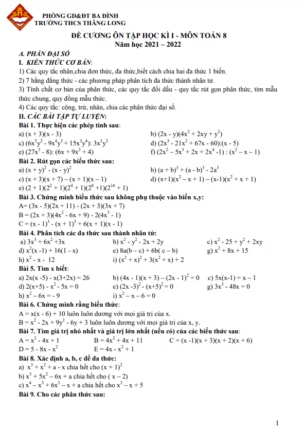 de cuong on tap hoc ki 1 hk1 lop 8 mon toan nam 2021 2022 truong thcs thang long ha noi d