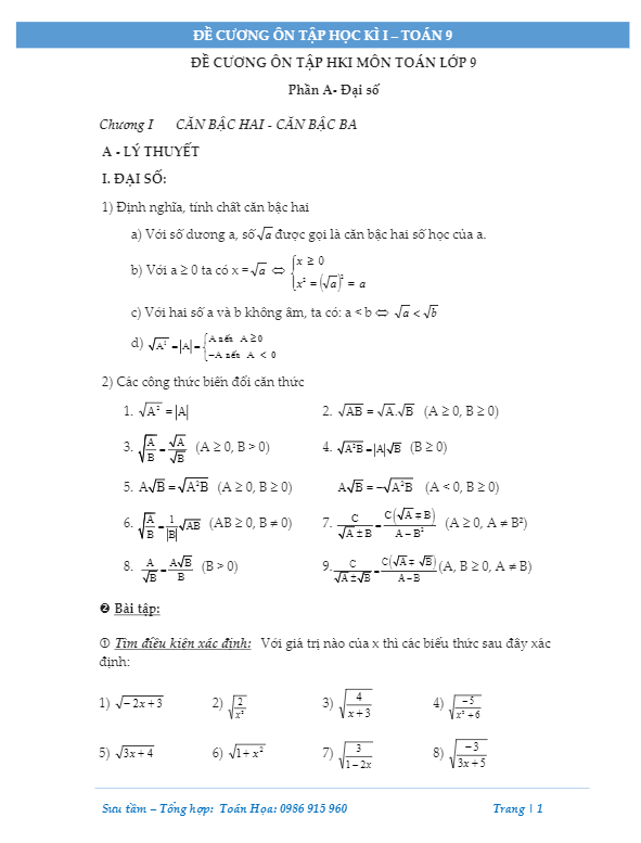 Đề cương ôn tập học kì 1 (HK1) lớp 9 môn Toán 4 de cuong on tap hoc ki 1 hk1 lop 9 mon toan d