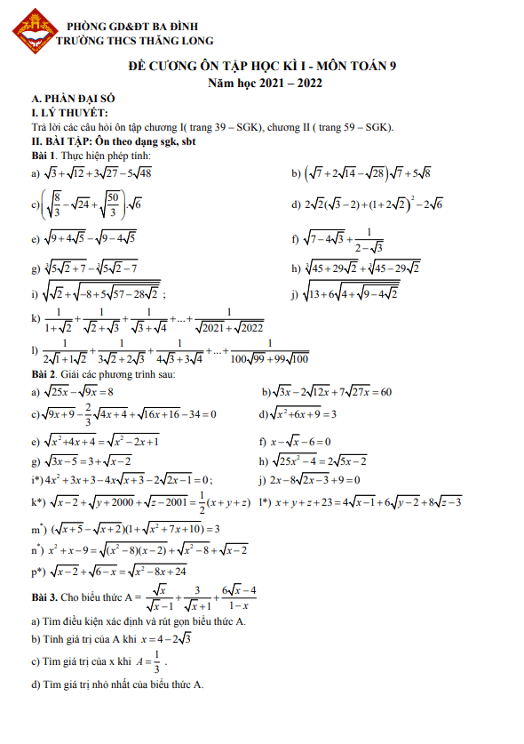 de cuong on tap hoc ki 1 hk1 lop 9 mon toan nam 2021 2022 truong thcs thang long ha noi d