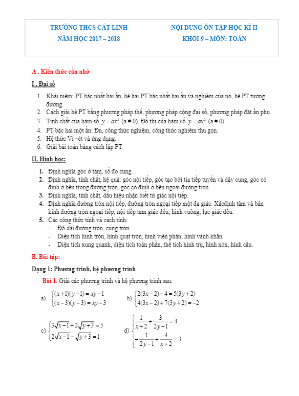 de cuong on tap hoc ki 2 hk2 lop 9 mon toan nam 2017 2018 truong thcs cat linh ha noi d