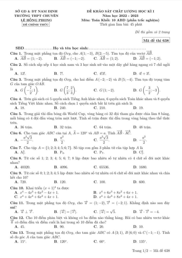 de hoc ki 1 hk1 lop 10 mon toan nam 2022 2023 truong chuyen le hong phong nam dinh d