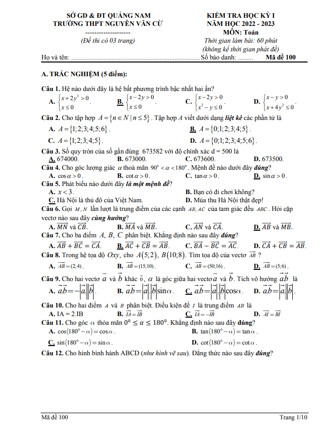 de hoc ki 1 hk1 lop 10 mon toan nam 2022 2023 truong thpt nguyen van cu quang nam d