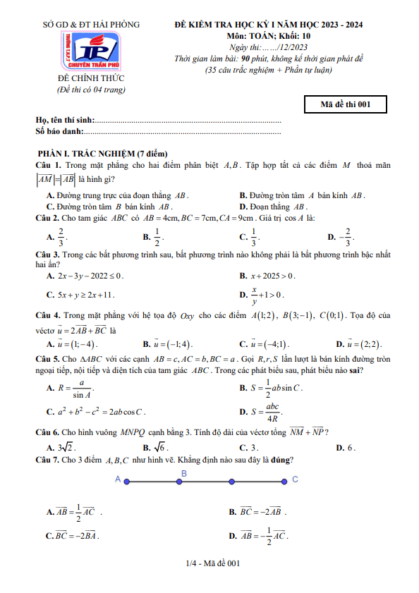 de hoc ki 1 hk1 lop 10 mon toan nam 2023 2024 truong chuyen tran phu hai phong d