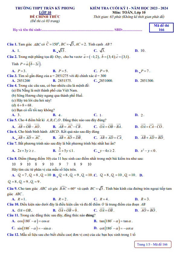 de hoc ki 1 hk1 lop 10 mon toan nam 2023 2024 truong thpt tran ky phong quang ngai d