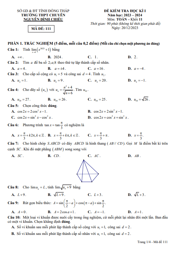 de hoc ki 1 hk1 lop 11 mon toan nam 2023 2024 truong chuyen nguyen dinh chieu dong thap d