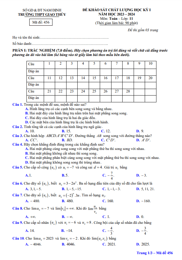 de hoc ki 1 hk1 lop 11 mon toan nam 2023 2024 truong thpt giao thuy nam dinh d
