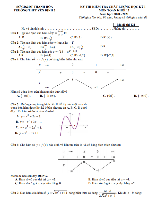 de hoc ki 1 hk1 lop 12 mon toan nam 2020 2021 truong thpt yen dinh 3 thanh hoa d