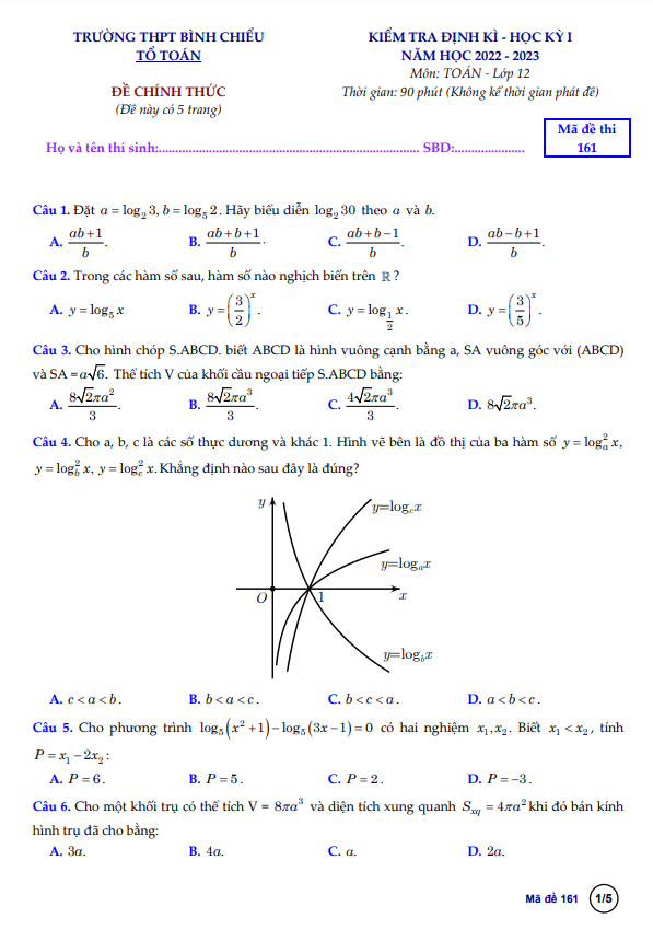 de hoc ki 1 hk1 lop 12 mon toan nam 2022 2023 truong thpt binh chieu tp hcm d