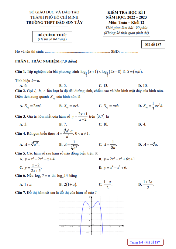 de hoc ki 1 hk1 lop 12 mon toan nam 2022 2023 truong thpt dao son tay tp hcm d
