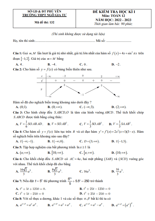 de hoc ki 1 hk1 lop 12 mon toan nam 2022 2023 truong thpt ngo gia tu phu yen d