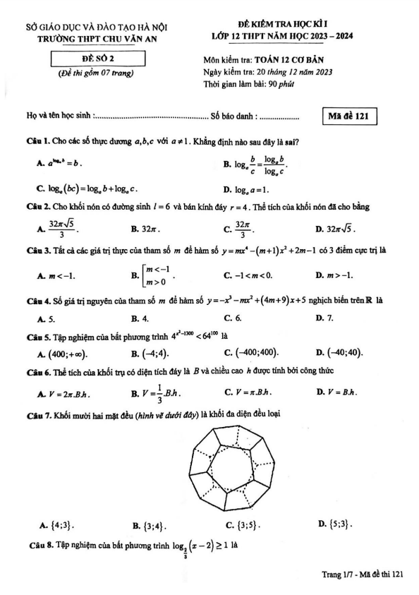 de hoc ki 1 hk1 lop 12 mon toan nam 2023 2024 truong thpt chu van an ha noi d