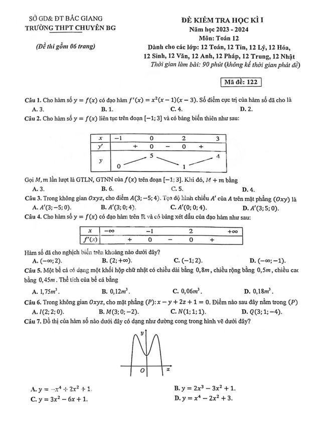 de hoc ki 1 hk1 lop 12 mon toan nam 2023 2024 truong thpt chuyen bac giang d