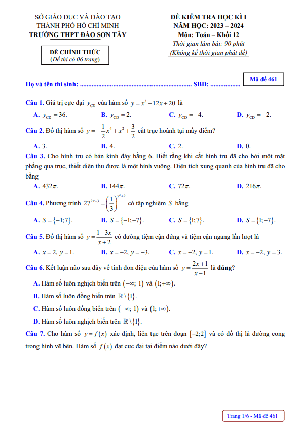 de hoc ki 1 hk1 lop 12 mon toan nam 2023 2024 truong thpt dao son tay tp hcm d