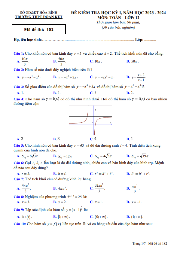 de hoc ki 1 hk1 lop 12 mon toan nam 2023 2024 truong thpt doan ket hoa binh d