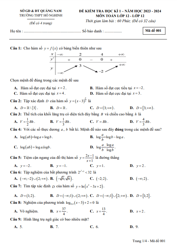 Đề học kì 1 (HK1) lớp 12 môn Toán năm 2023 2024 trường THPT Hồ Nghinh Quảng Nam 1 de hoc ki 1 hk1 lop 12 mon toan nam 2023 2024 truong thpt ho nghinh quang nam d