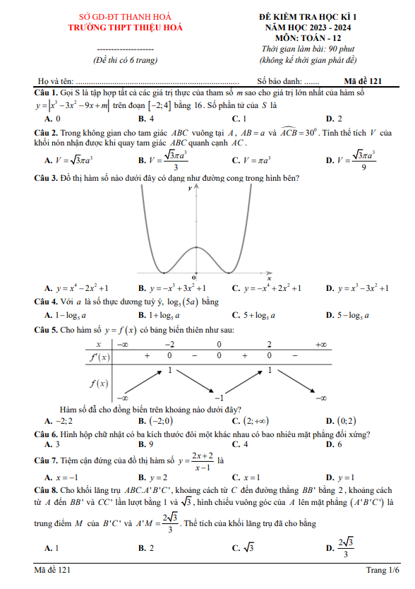 de hoc ki 1 hk1 lop 12 mon toan nam 2023 2024 truong thpt thieu hoa thanh hoa d