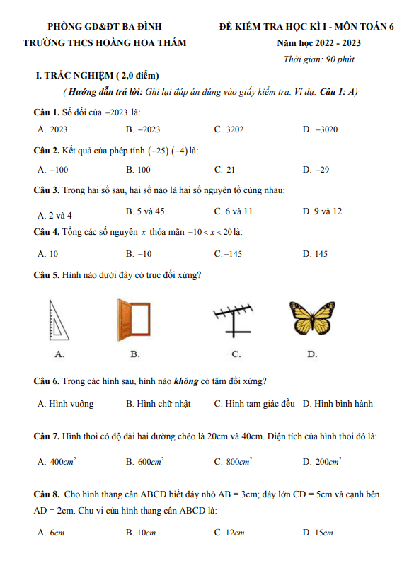 de hoc ki 1 hk1 lop 6 mon toan nam 2022 2023 truong thcs hoang hoa tham ha noi d